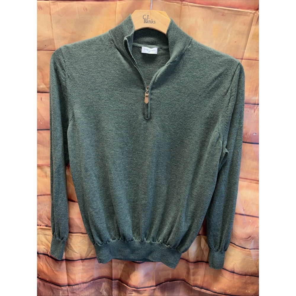 Tom James Quarter Zip Sweater Mens M Green 100% Extrafine Merino Wool P2P 21"